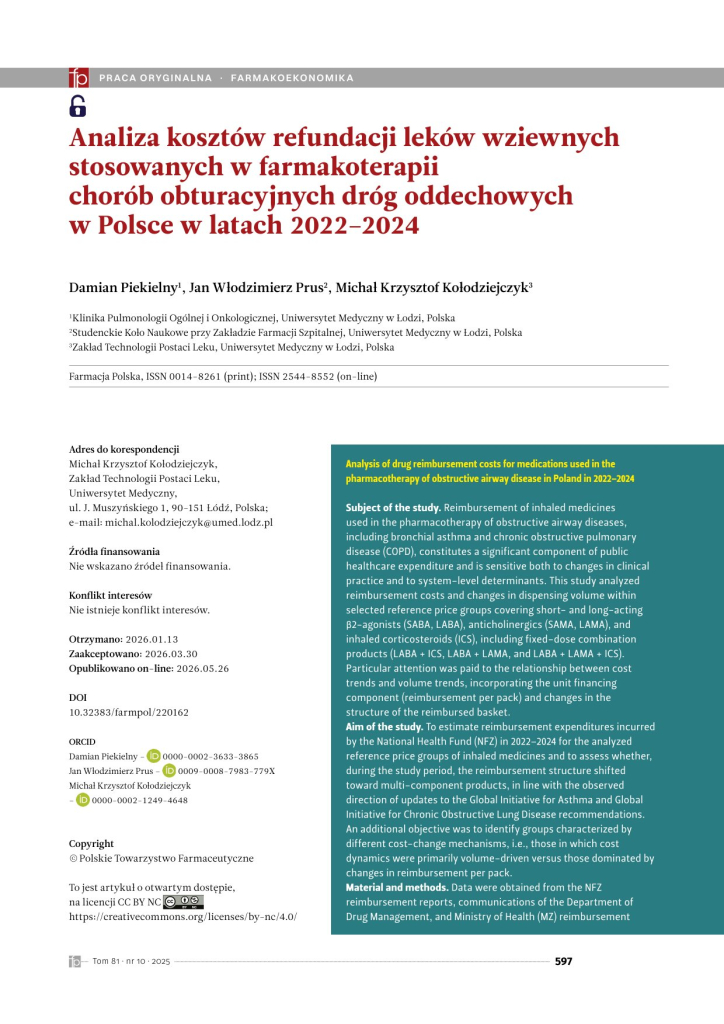 Wspólna publikacja studenta kierunku farmacja i naukowców Zakładu Technologii Postaci Leku oraz Kliniki Pulmonologii Ogólnej i Onkologicznej